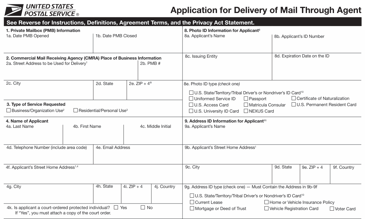 Blank USPS Form 1583 excerpt showing mailbox and applicant information fields